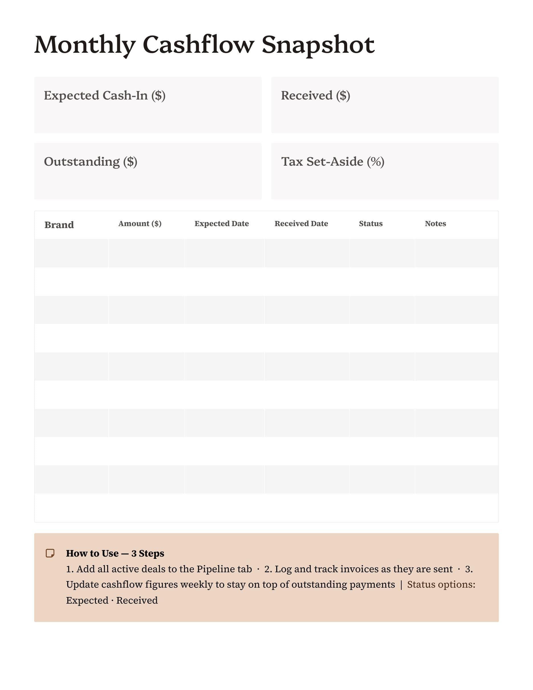 brand deals tracker template payment status preview