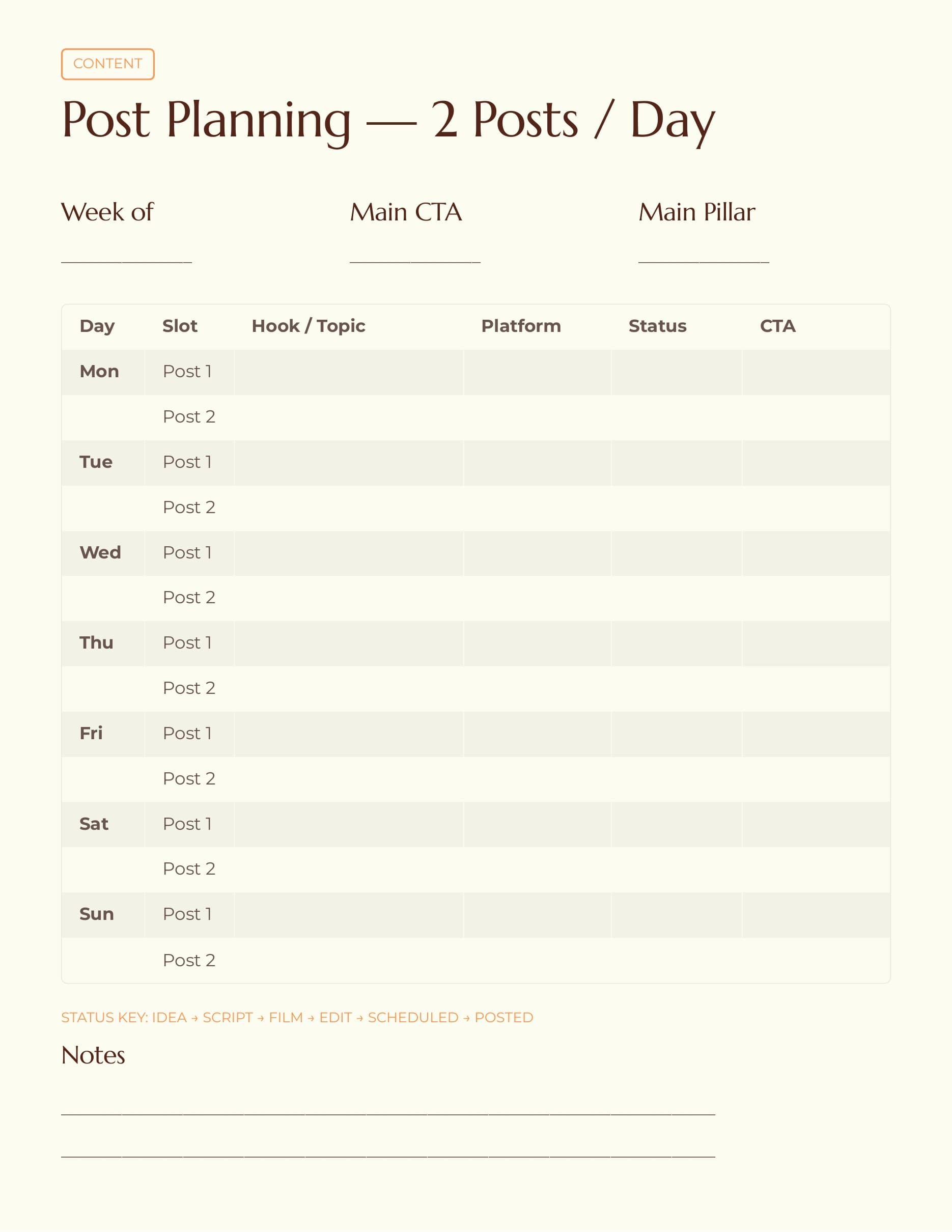 weekly content schedule template weekly planning page preview